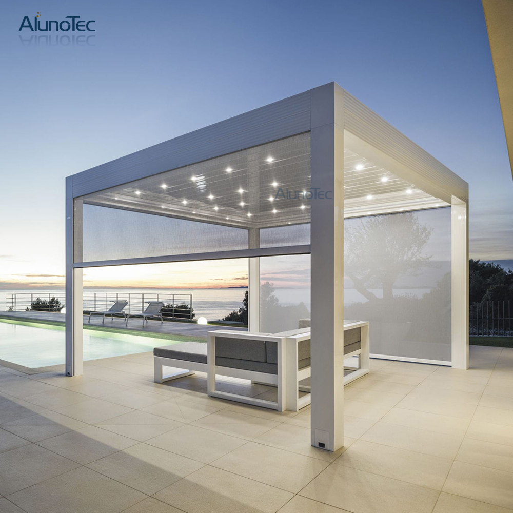 Waterproof Sunshade Louvered Motorised Aluminum Villa Pergolas With Curtain