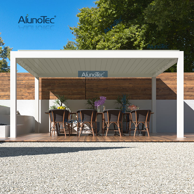 AlunoTec Width White Motorized Louver 28' X 5' By 19' X 8' Pergola Shades with Open Fireplace LED Ceiling Fan