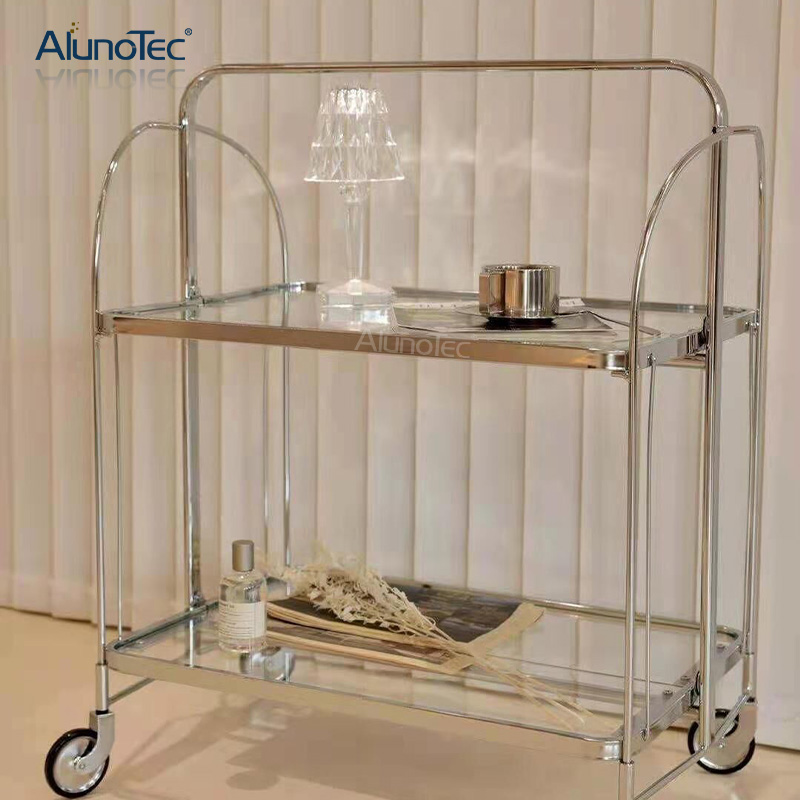 Vintage Style Home Folding Bar Cart Trolley In Chrome and Tempered Glass