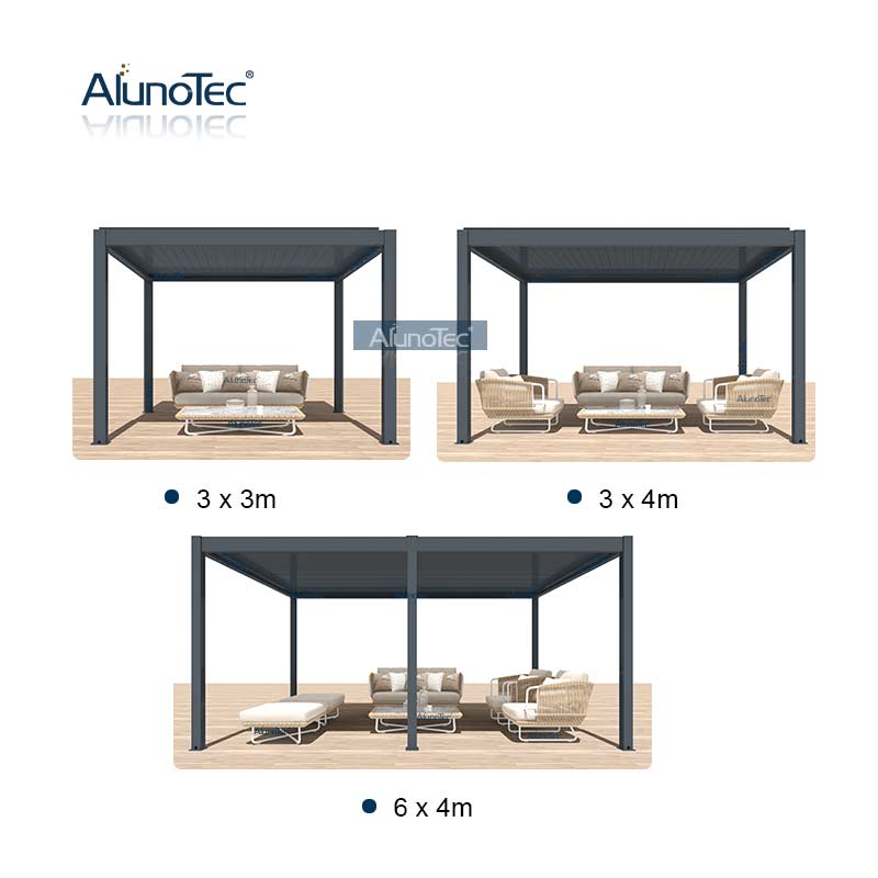 AlunoTec Modern Outdoor Garden Office Shade Louvers Roof System Motorized Aluminium Gazebo Pergola Design