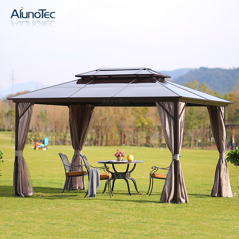 Roman Outdoor Canopy Aluminum Hardtop Pavilion Gazebo with Mosquito Net