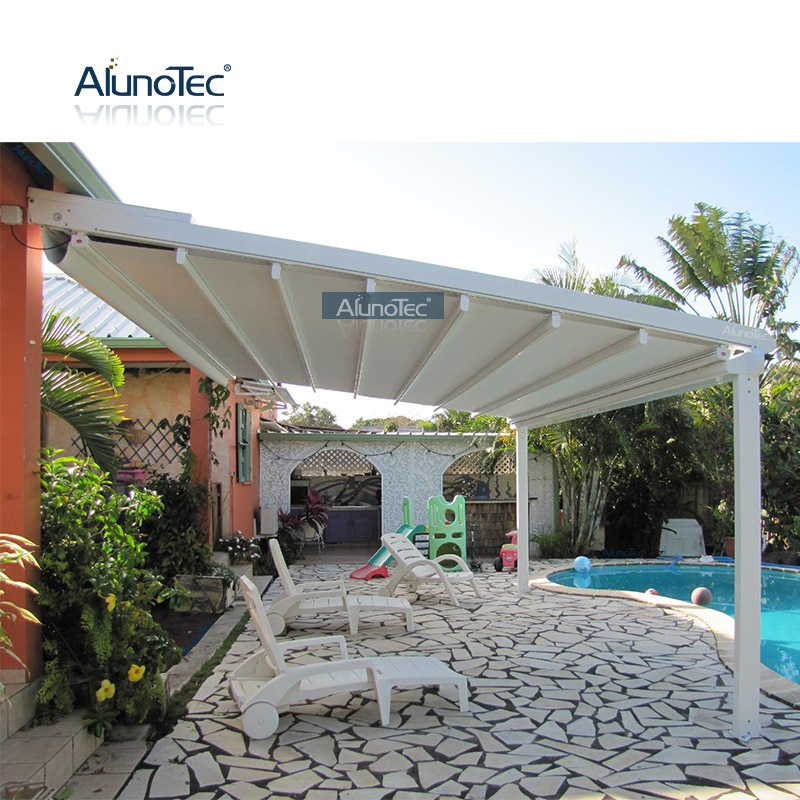 Outdoor Aluminium Waterproof PVC Folding Roof Retractable Pergola Awning System with LED Lights
