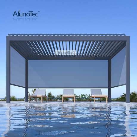 AlunoTec Modern Design Waterproof Awning Outdoor Free Standing Aluminium Garden Louver Pergola with Side Screen