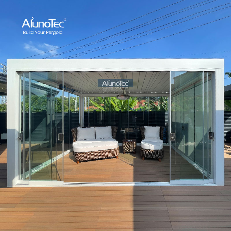 AlunoTec Louvered Patio Cover Motorized Ceiling Pergola Area with Automatic Screens