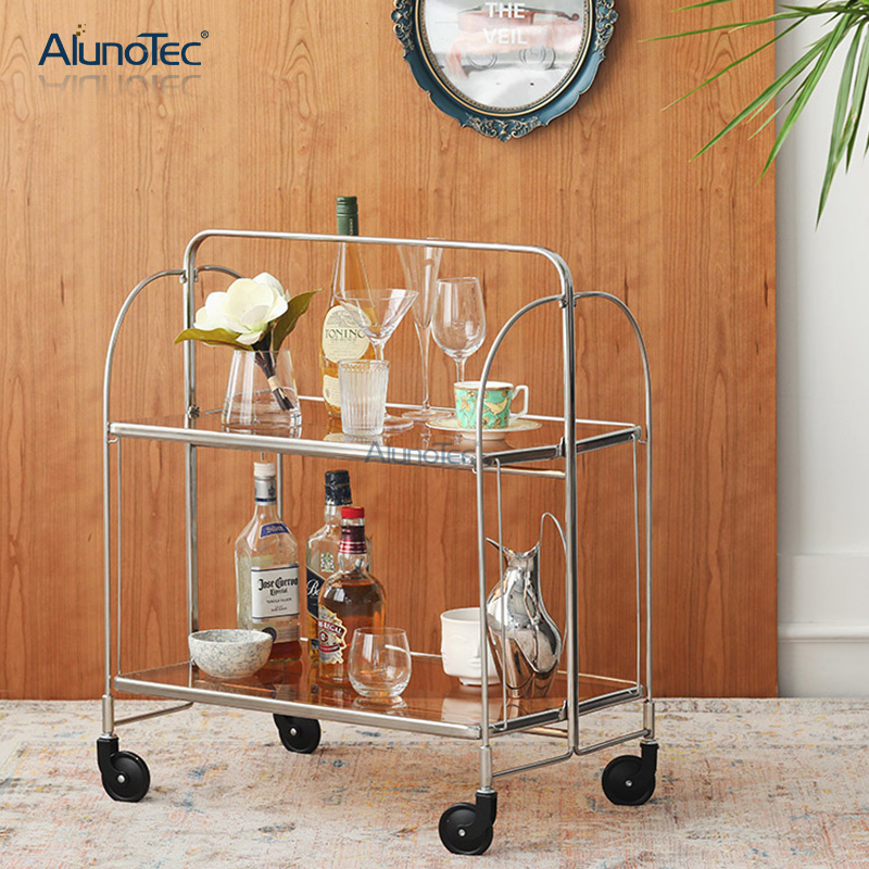 Modern Furniture Corrosion Protection Catering Equipment Kitchen Serving Folding Bar Trolley with Steel Chromed