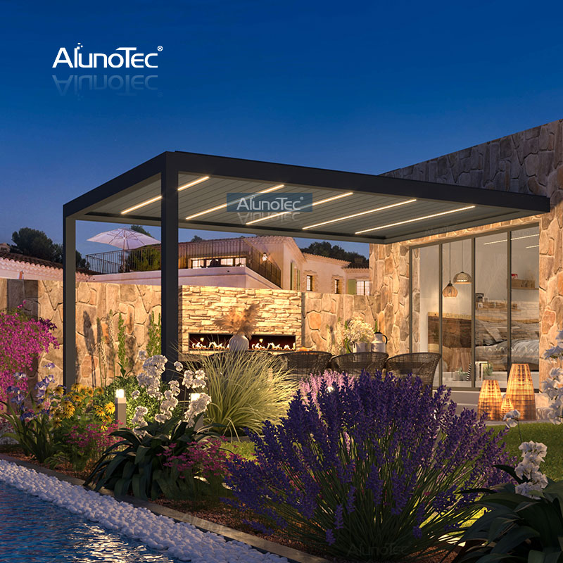 AlunoTec Fully Electric Wall Mounted 9 Meters X 5 Meters Gazebo Aluminum Roof DIY Pergola Kits Garden Building