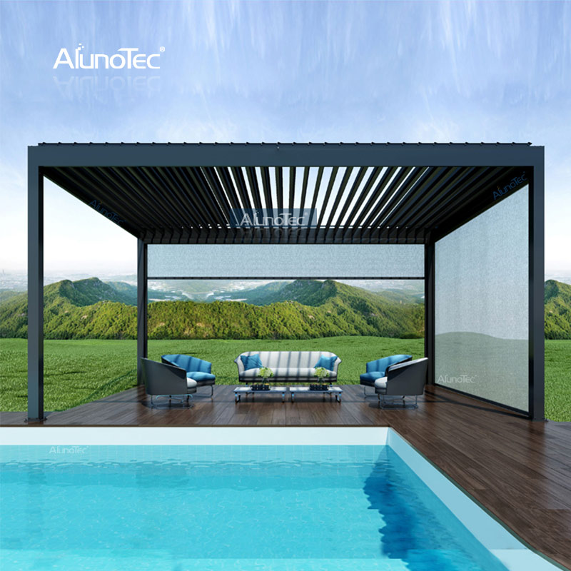 AlunoTec 4m X 9m Pool BBQ Area Louvered Roof Covers A Pergola with Sliding Glass Walls.